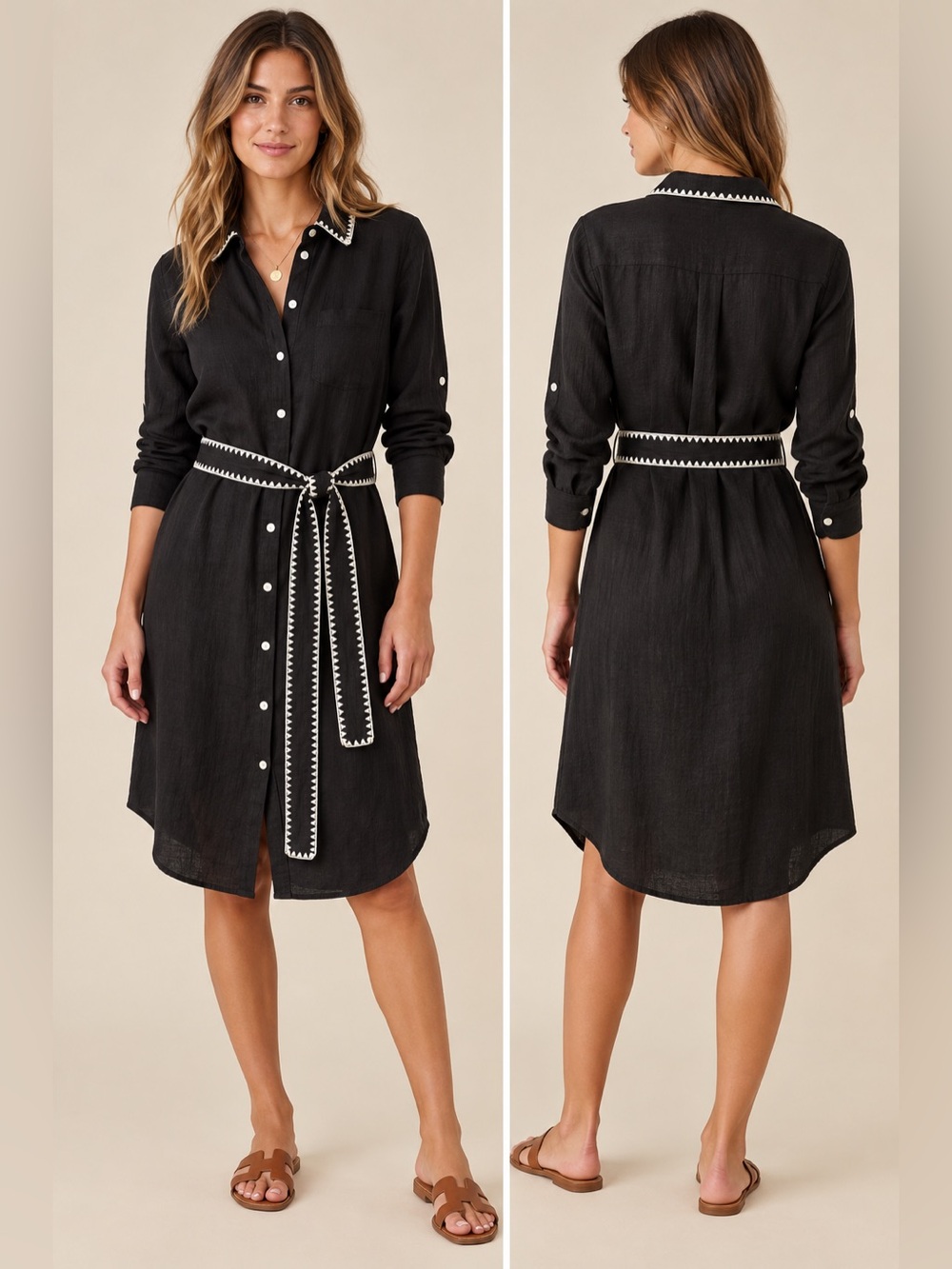 Magaschoni Shirt Dress Womens Size Medium linen button up Embroidered Black